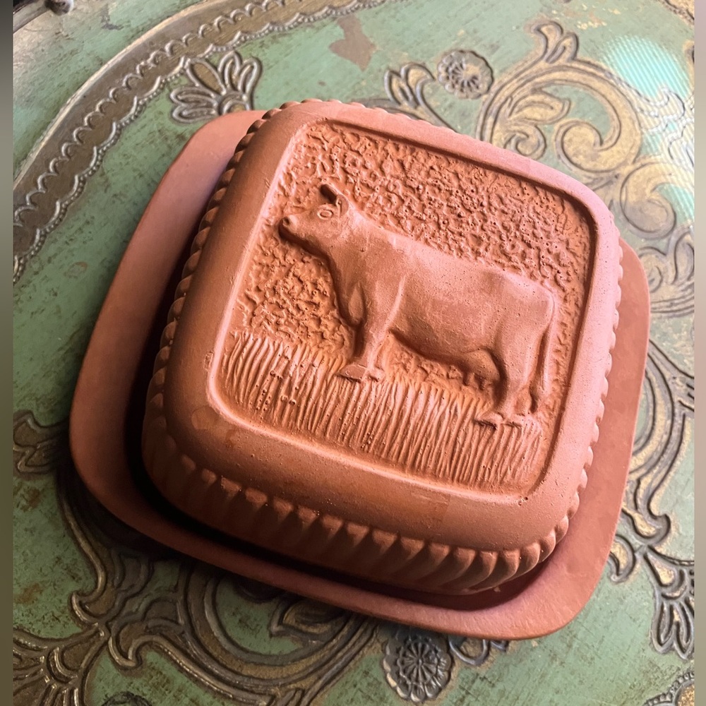 Vintage Terracotta Dairy Cow Butter Cheese Dish Square Farmhouse 6”